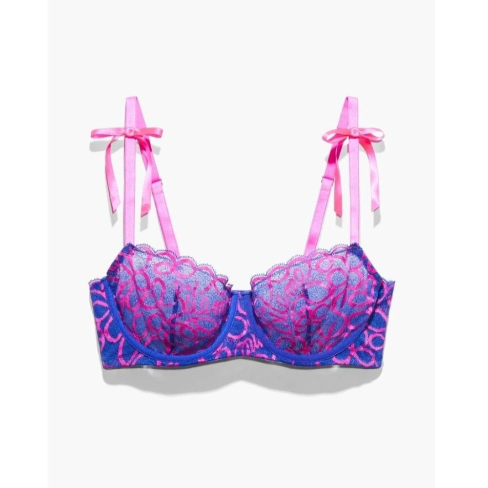 Savage X Fenty Ribbon Writing Unlined Lace Balconette Bra 44D Dreamy Blue Pink